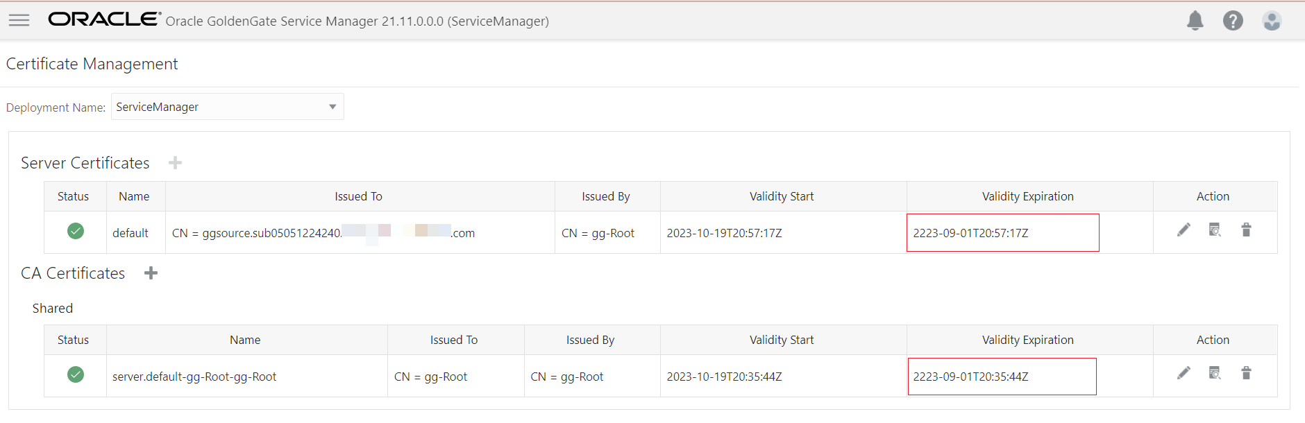 Certificate management page showing certificate details including certificate start and end date