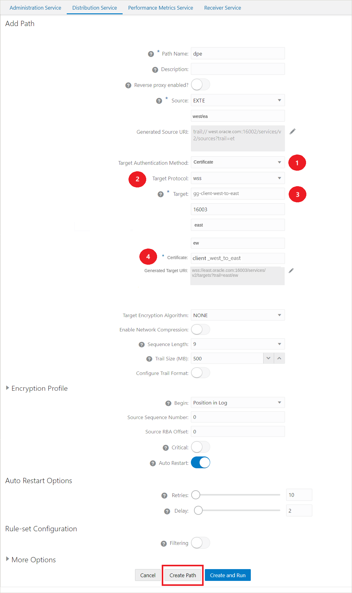 Distribution Path options when the Target Authentication Method is selected as Certificate.