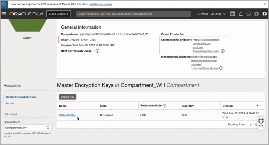 Obtain the cryptographic endpoint from the General Information section of the OCI vault.