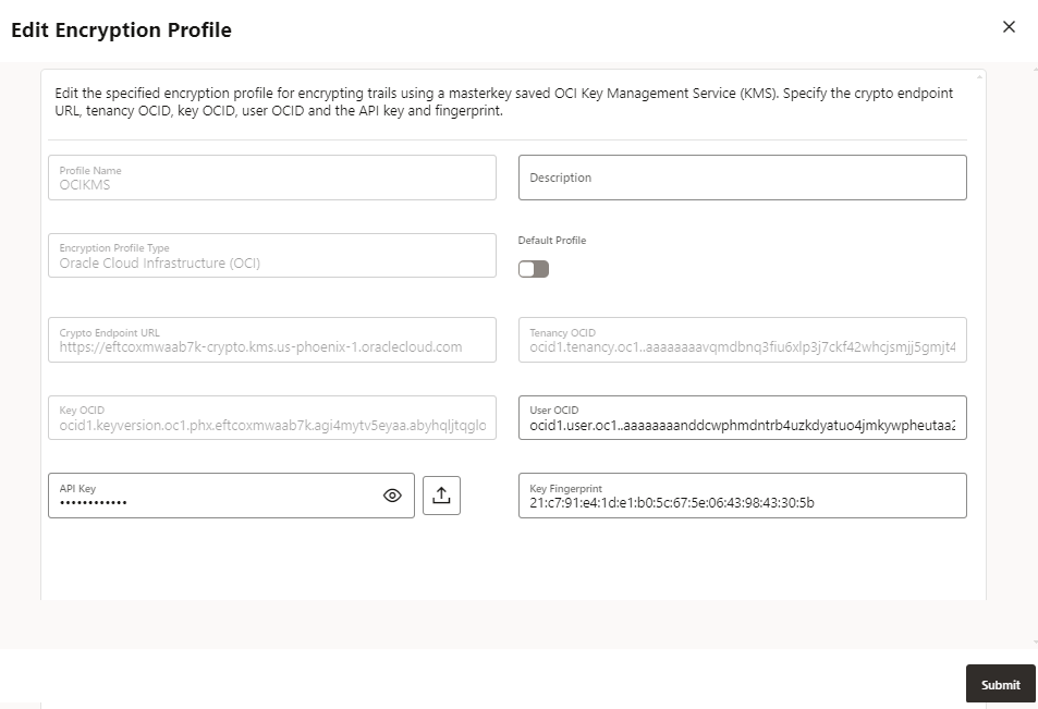 Edit the OCI KMS encryption profile using the Edit Encryption Profile dialog box.