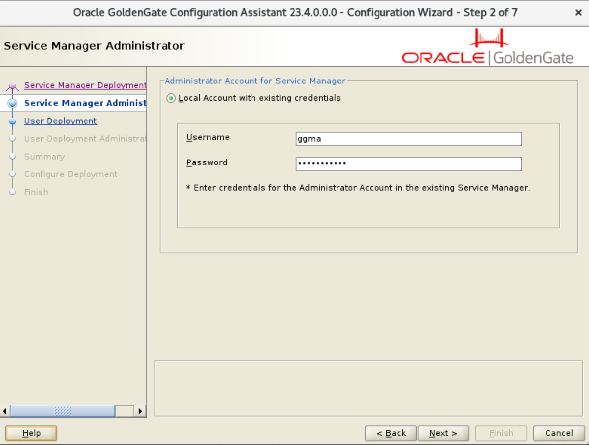 Enter the user login credentials for the Service Manager administrator account for the existing Service Manager.