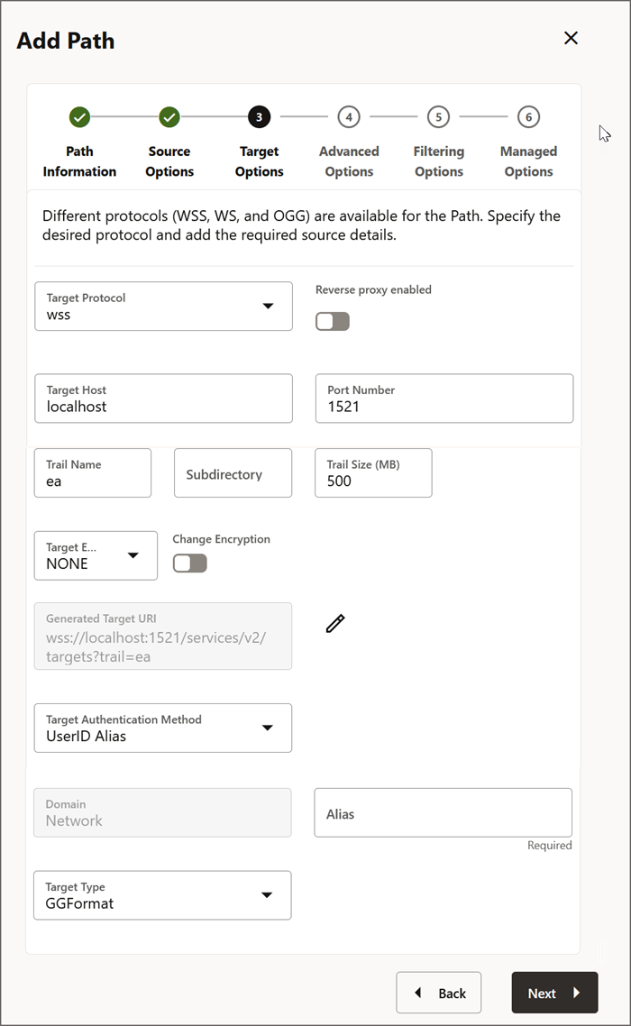 Specify the target database options.
