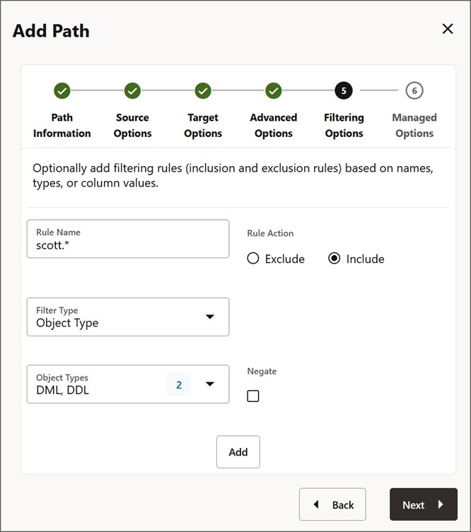 Specify the filtering rules to select names, columns, or values to be replicated to the specified target URI.