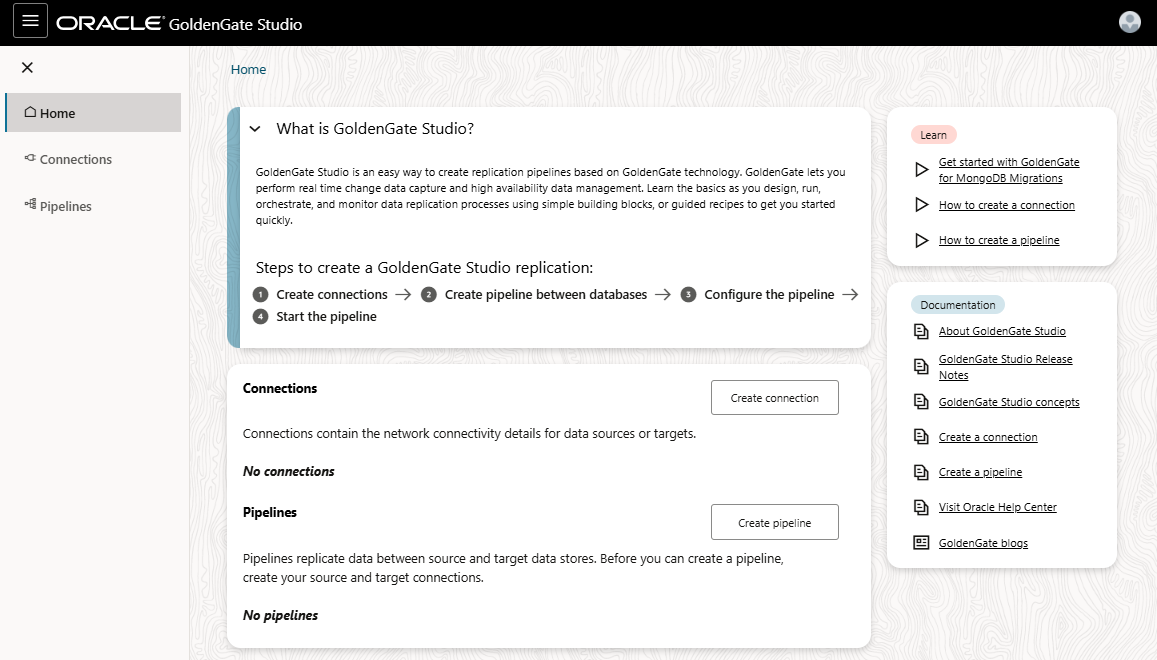 Oracle GoldenGate Studio Home page