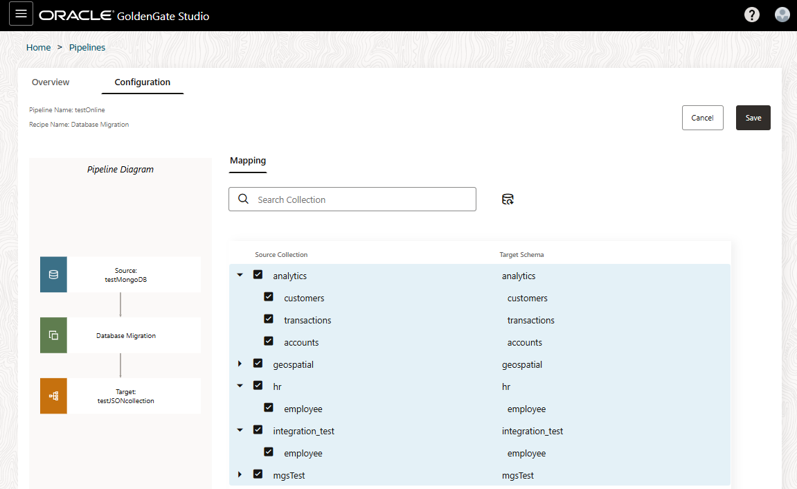 The image shows the pipeline mapping screen where you can edit the database/schema or collection/table names and include or exclude schemas and tables to replicate to the target database.