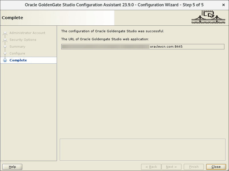 GoldenGate Studio Configuration Assistant wizard successfully configures the listening port and displays the web URL required to access the GoldenGate Studio web interface. The format of URL is: https://<hostname>:<port>.