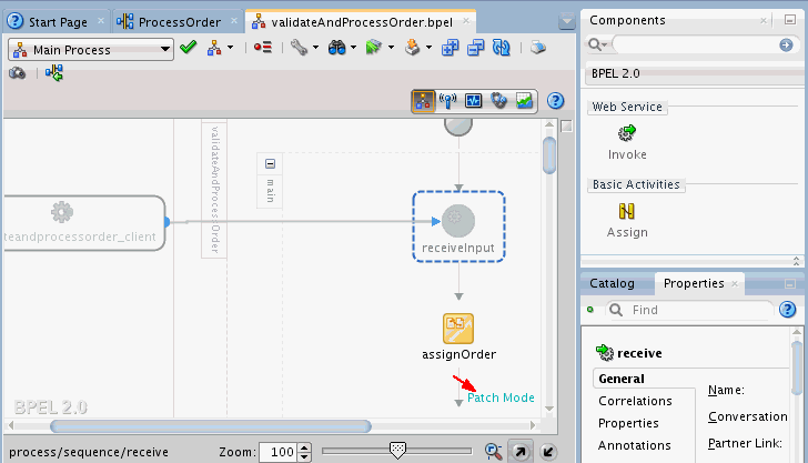 Patch Mode label appears on BPEL editor. Patch Mode label appears on BPEL editor.