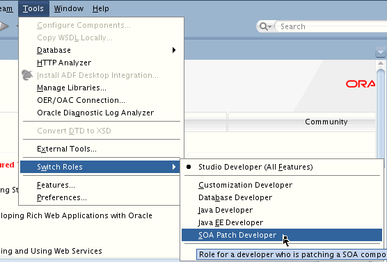 Tools > Switch Roles > SOA Patch Developer Tools > Switch Roles > SOA Patch Developer