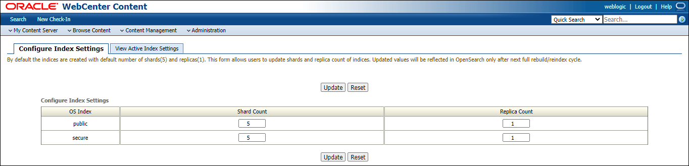 Configure Index Settings page