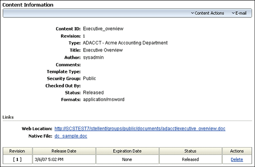 The Content Information page The Content Information page