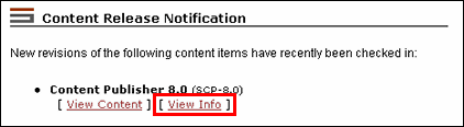 Content Release Notification page shows View Info link Content Release Notification page shows View Info link
