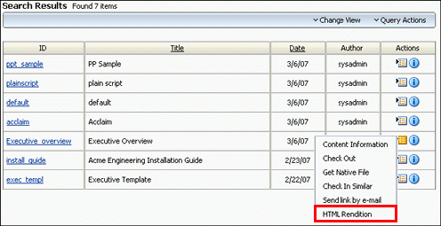 Search Results page shows the HTML Rendition link Search Results page shows the HTML Rendition link