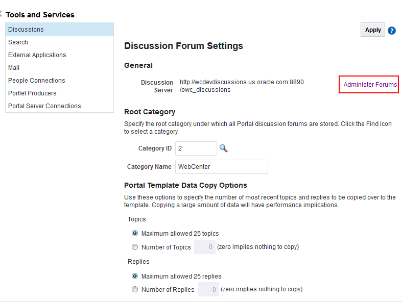Administer Forums Link on the Discussion Forum Settings