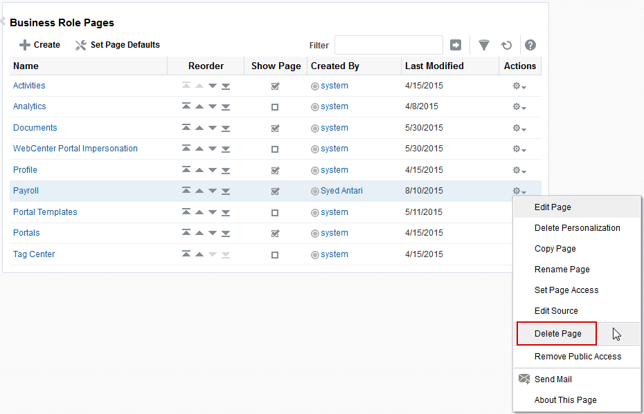 Delete Page Option on a Custom Business Role Page