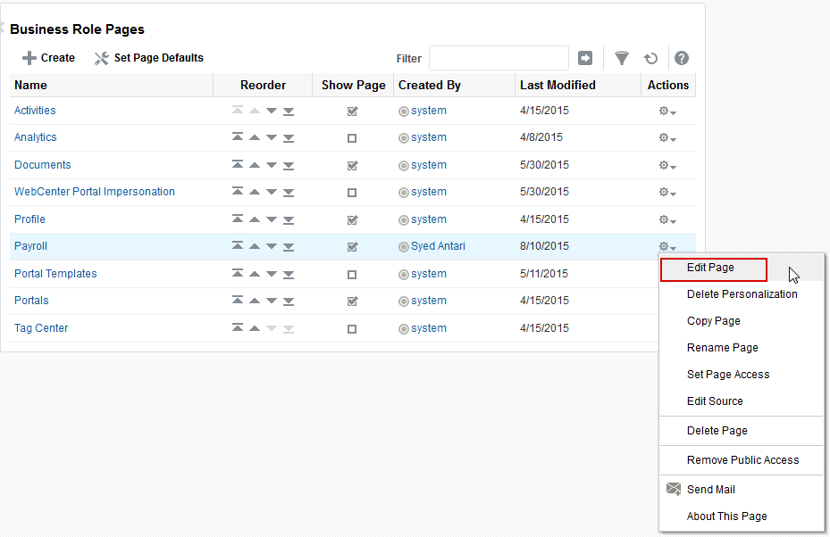 Edit Option on a Custom Business Role Page