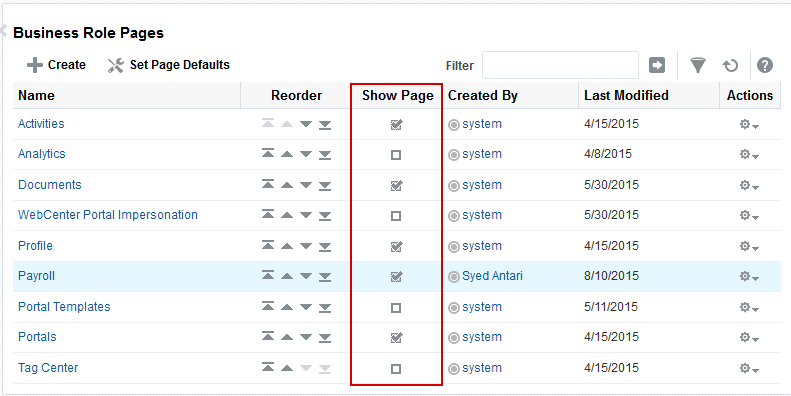 Show Page Option for Business Role Pages