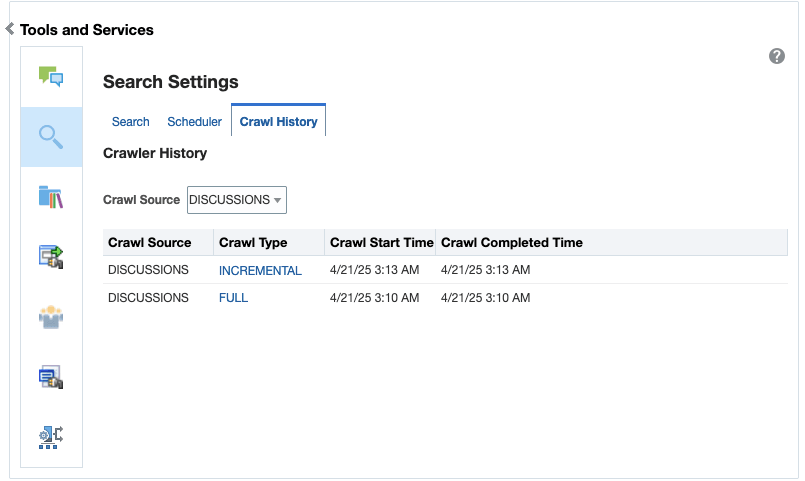 The figure shows the crawl history for the Discussions crawl source.