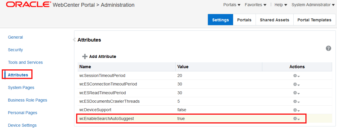 This figure shows the Attributes page with the autosuggest attribute set to true.