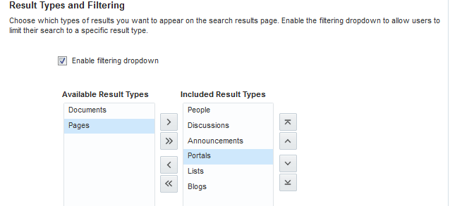This figure shows the result types available in WebCenter Portal and Enable filtering dropdown is selected.