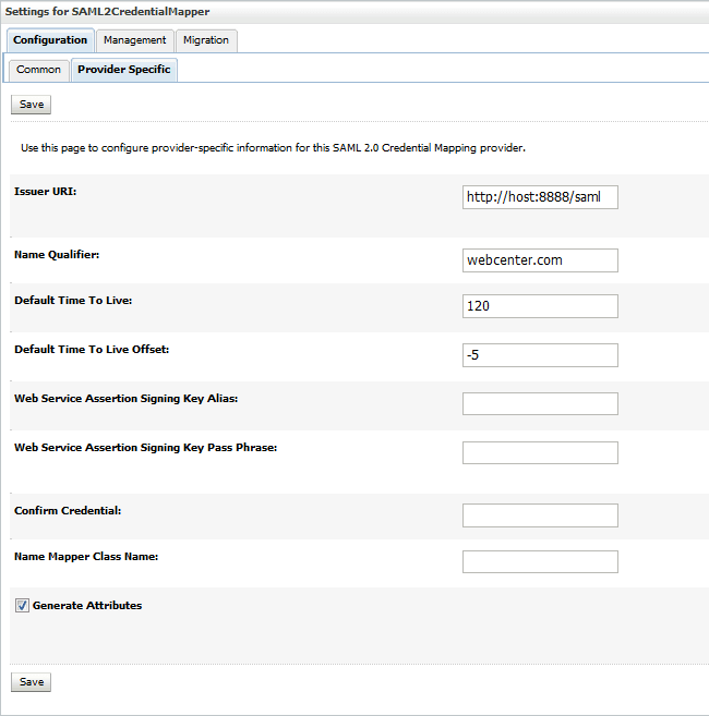 This image shows the provider-specific information for the newly added SAML 2.0 Credential Mapping Provider.