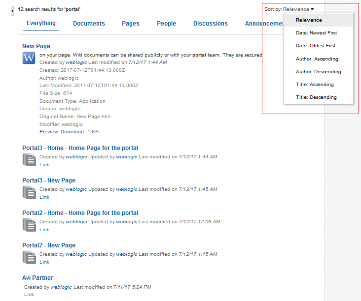This screen shot shows the default sorting options drop-down: Relevance (selected), Date: Newest First, Date: Oldest First, Author: Ascending, Author: Descending, Title: Ascending, Title: Descending. This screen shot shows the default sorting options drop-down: Relevance (selected), Date: Newest First, Date: Oldest First, Author: Ascending, Author: Descending, Title: Ascending, Title: Descending.
