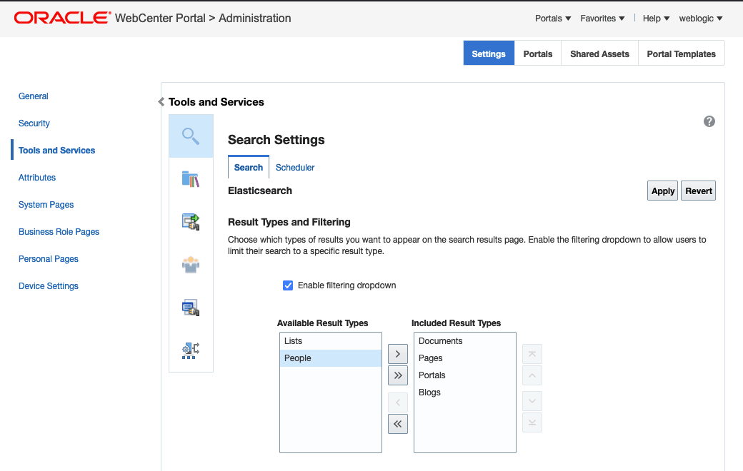 This figure shows the result types available in WebCenter Portal and Enable filtering dropdown is selected.