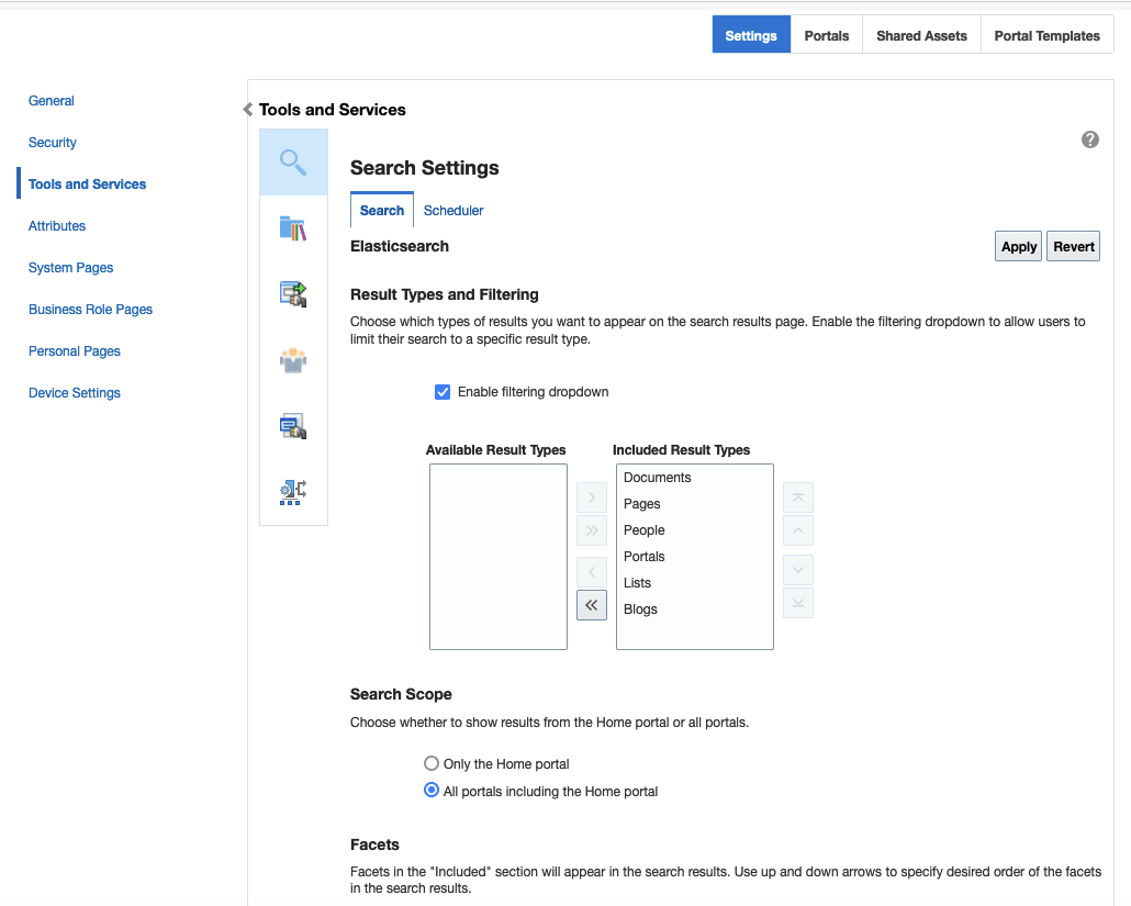 The figure shows the search setting options in the Search Setting page, such as search scope, custom attributes.