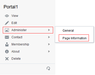 The screen shot shows the portal actions after you flip the portal. The Administer and Page Information options are highlighted. The screen shot shows the portal actions after you flip the portal. The Administer and Page Information options are highlighted.