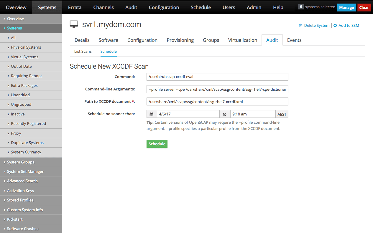 The image shows the Schedule New XCCDF Scan page of the Oracle Linux Manager web interface.