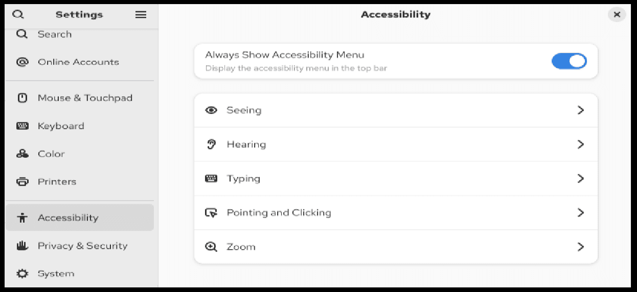 The image shows a screenshot of the Accessibility panel in the GNOME Contol Center Settings window.