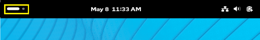 Image of top bar of the GNOME desktop with the Activities workspace indicator, on the left side, highlighted in a yellow box.