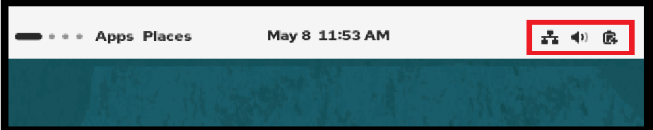 Image of top bar of the GNOME Classic desktop with the System Tools group icon in the top right highlighted in a red box.