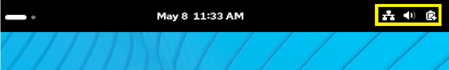 Image of top bar of the GNOME desktop with the System Tools group icon in the top right highlighted in a yellow box.