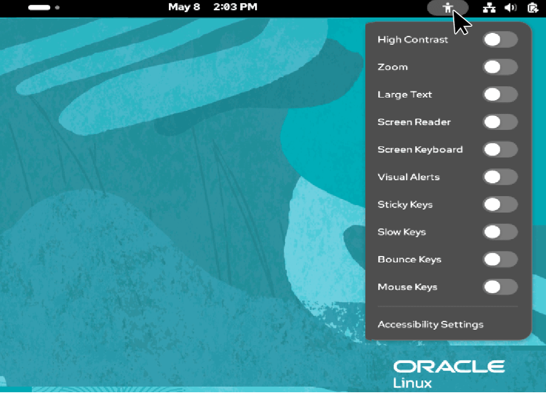 The image shows the accessibility features that are displayed as menu options when you select the Accessibility Menu icon on the desktop's top bar.