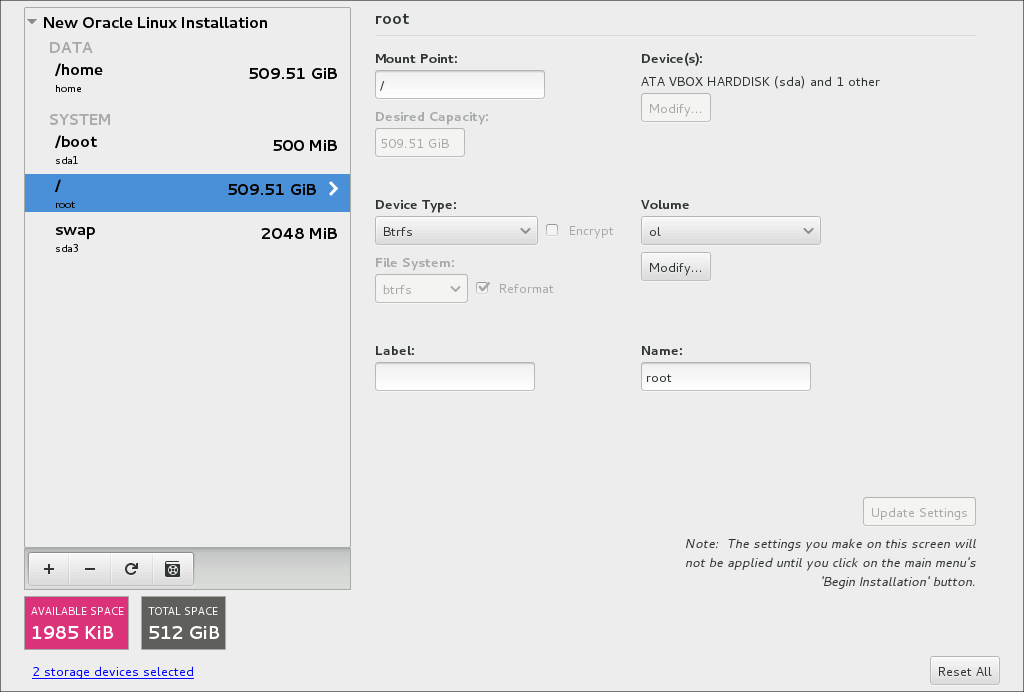 The image shows the mount points that are created for Btrfs. The mount points are listed on the left. The root (/) mount point is highlighted and the options on the right show the mount point's current configuration.