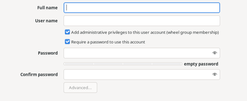 The figure shows the create user window, which includes a field for Full Name, username, a checkbox option to make the user an administrator which is selected by default, a checkbox option to require a password for the account also selected by default, and fields to set and confirm the password. The figure shows the create user window, which includes a field for Full Name, username, a checkbox option to make the user an administrator which is selected by default, a checkbox option to require a password for the account also selected by default, and fields to set and confirm the password.