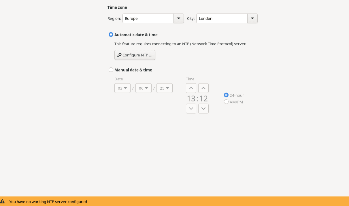 The image shows the Time & Date screen, which at the top contains two dropdown lists for selecting a region and city, radio buttons for setting date and time either automatically using NTP or manually. There is a button to configure the NTP server if automatic date and time is selected. Underneath these items are time and date editors for setting time, the time format, and date manually. The image shows the Time & Date screen, which at the top contains two dropdown lists for selecting a region and city, radio buttons for setting date and time either automatically using NTP or manually. There is a button to configure the NTP server if automatic date and time is selected. Underneath these items are time and date editors for setting time, the time format, and date manually.