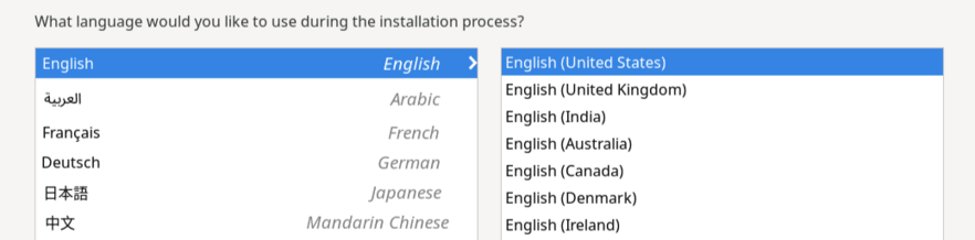 The partial image shows the Welcome Screen with options for languages and locales. The left pane lists languages while the right pane lists locales. At the bottom of the left pane is a language search box. The partial image shows the Welcome Screen with options for languages and locales. The left pane lists languages while the right pane lists locales. At the bottom of the left pane is a language search box.