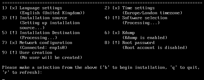 The image shows the Installation menu for a text-based installation. The image shows the Installation menu for a text-based installation.