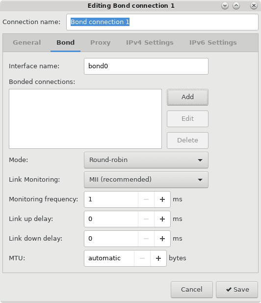 The figure shows the Network Connections interface editor open and ready to configure a new bonded network interface.
