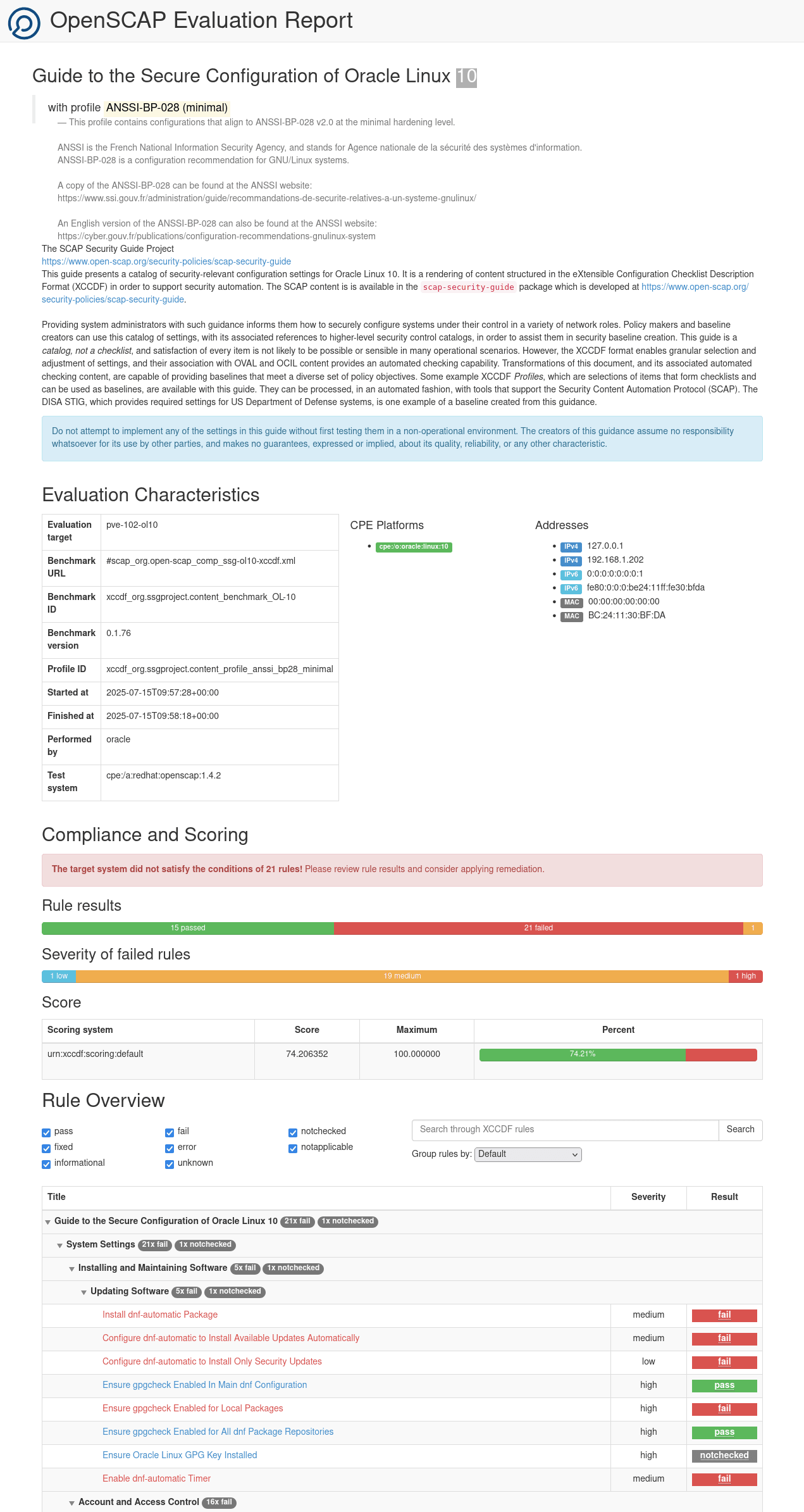 The image shows a partial view of the HTML version of a scan report generated by oscap. The top of the report contains the title and the report description. A summary information is provided based on evaluation characteristics, overall score with regards to compliance, and the severity of any reported failed flags. The rest of the report contains more detailed information about each scan action.