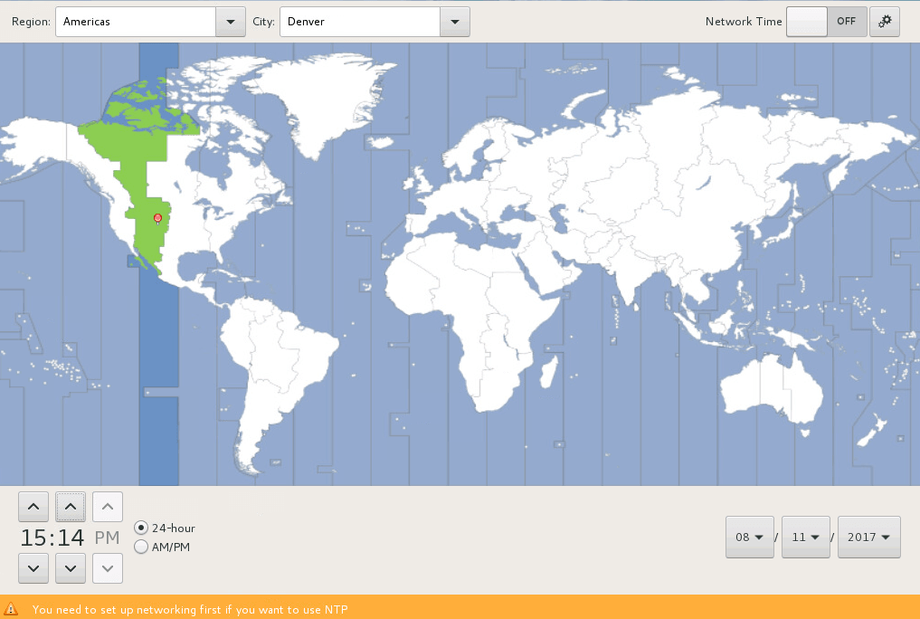 The image shows the Date & Time screen, which at the top contains two dropdown lists for selecting a region and city, an On/Off switch for enabling NTP, and a Settings button. Underneath these items is a world map divided by time zone. Under the map are time and date editors for setting time, selecting time display format, and setting the date.