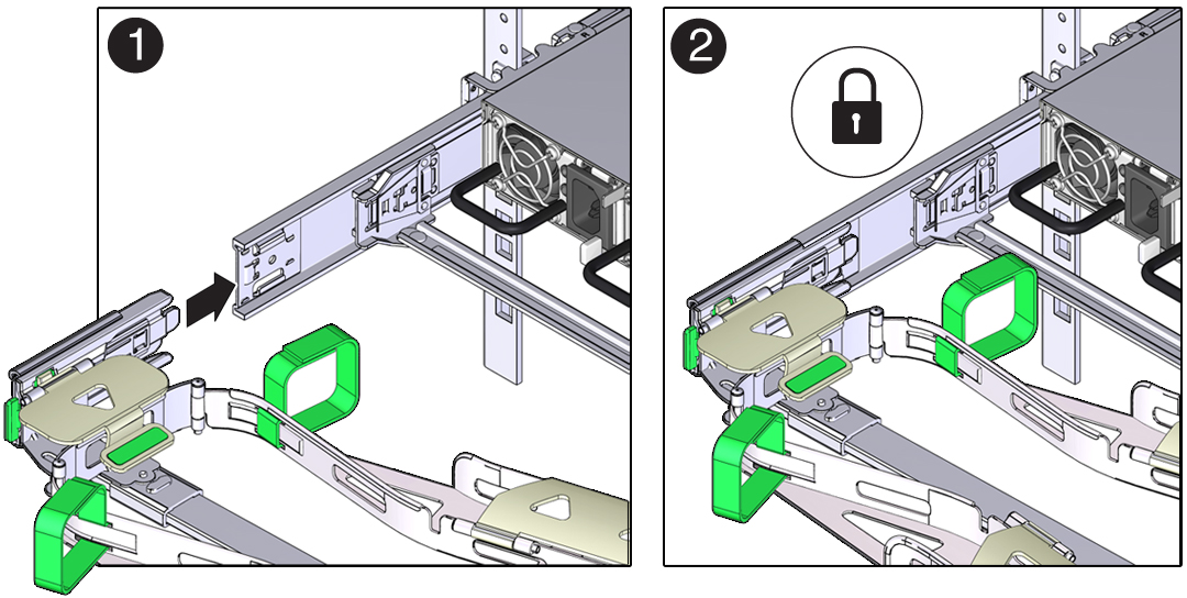 image:Figure showing how to install the CMA's connector D and                                         its associated latching bracket into the left                                         slide-rail.