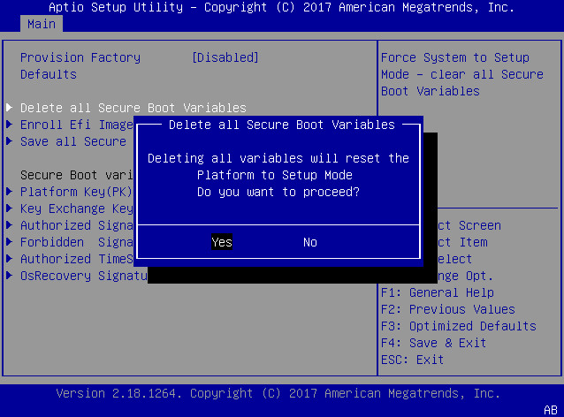image:This figure shows the Delete all Secure Boot Variables                                         screen on the Security settings Menu.