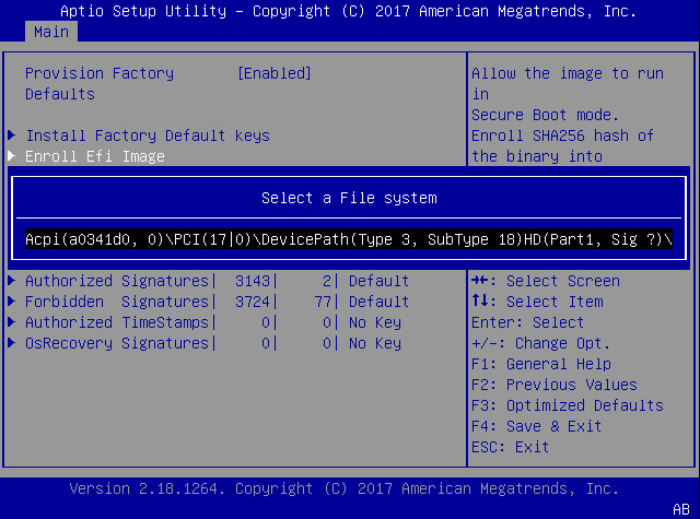 image:This figure shows the Select a File system dialog box on the                                 Enroll Efi Image settings Menu.