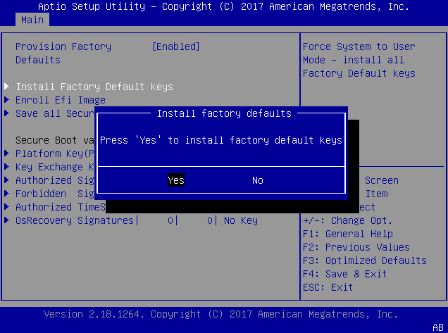 image:This figure shows the Install Factory Default keys                                         screen on the Security settings Menu.