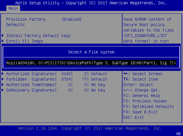 image:This figure shows the Select a File system dialog on                                         the Key Management screen.