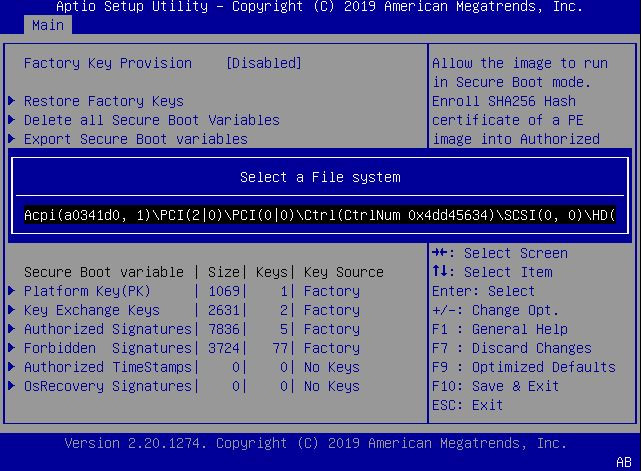 image:This figure shows the Select a File system dialog within the                                 Enroll Efi Image settings Menu.