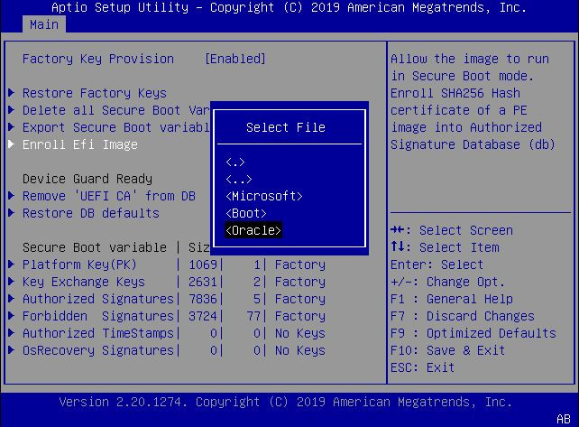 image:This figure shows the Select File dialog within the                                         Enroll Efi Image settings Menu.