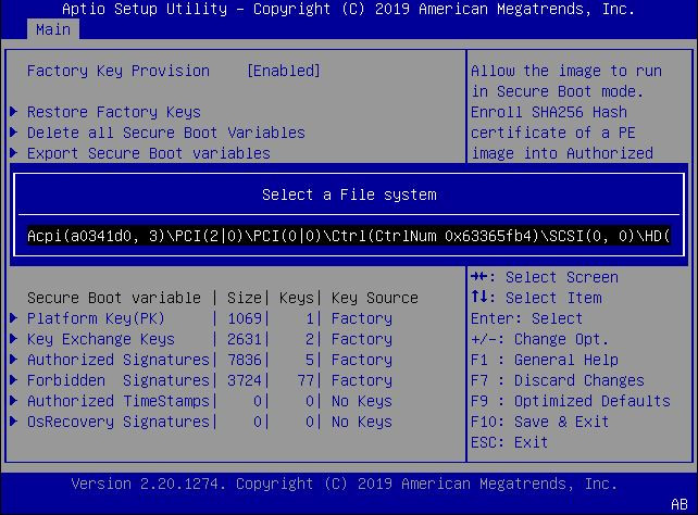 image:This figure shows the Select a File system dialog within the
                                Enroll Efi Image settings Menu.
